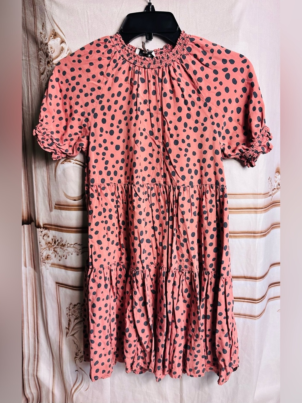 Smocked Neck Pink Polka Dot Tiered Girls Dress - Picture 2 of 9